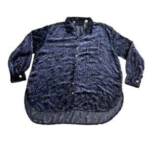 Kiko VTG Floral Burnout Velvet Scoop Hem Button Down Navy‎ Tunic Shirt OS